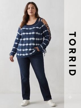 torrid Navy & White Tie-Dye Cold-Shoulder Lace-Up Sweater Like New 💙